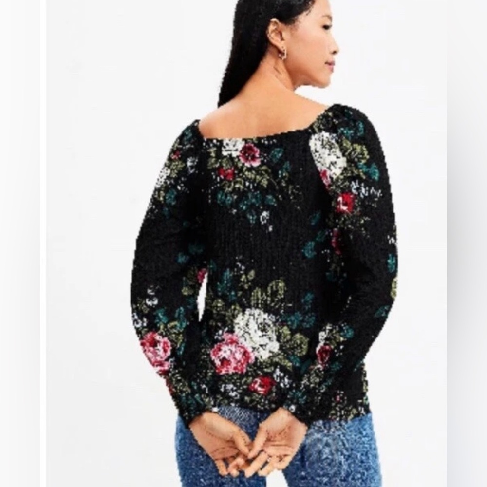 LOFT Black Floral XS Square Neck Blouse Knit Peasant Top Smocked Puff Sleeves - Picture 9 of 17